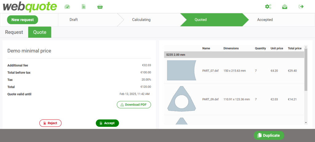 customer settings in quotation CAM software